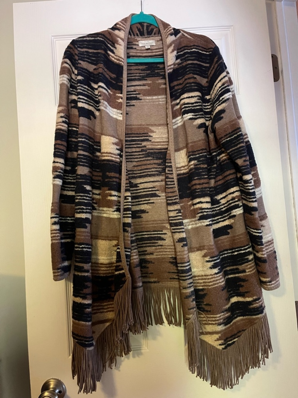 Lucky Brand Brown, navy  & Cream Fringe Open-Front Cardigan